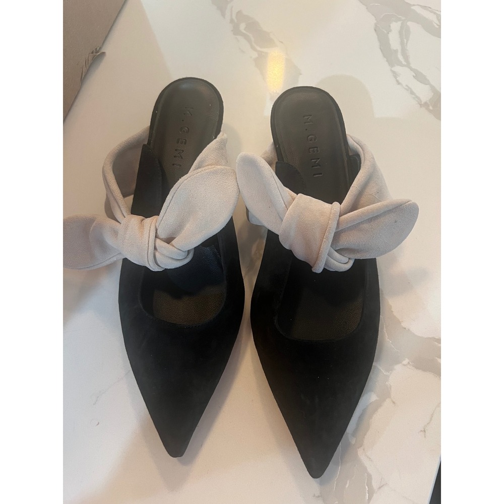 M.Gemi Womens Black Suede Pointed Toe Knot Kitten Heel Mules Italy Size 35